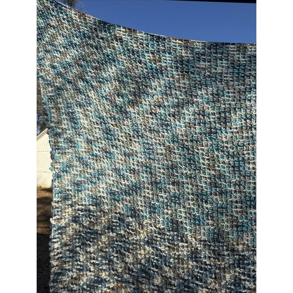 Beautiful Handmade Hand Crocheted Blue Brown And Ivory 56 X 84